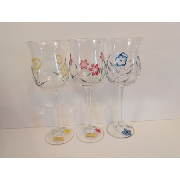 Lenox Tulip Floral Spirit  Floral Wine Glass Set Of 3 Yellow Pink Blue Flowers - Picture 1 of 7